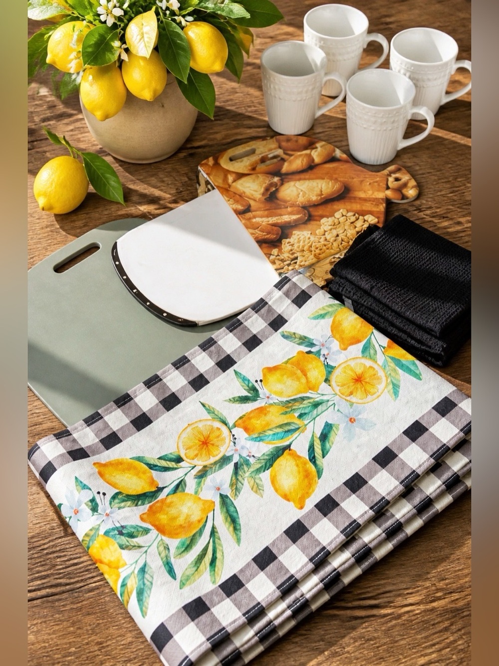 Lemon Checkered Table Runner, 3 cutting boards, 4 white coffee cups, 2 dishwash.